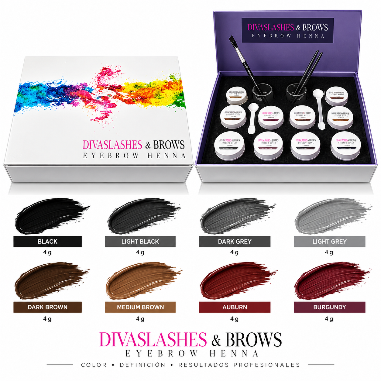 Kit Henna Brona cejas 10 colores 4g Divaslashes & brows (y también colores sueltos)