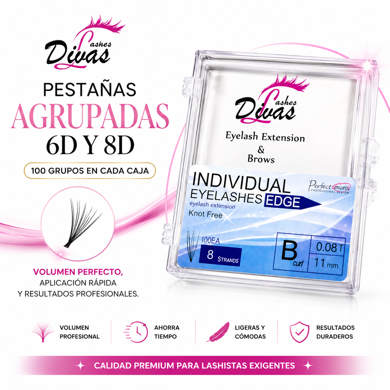 Pestañas AGRUPADAS 6D y 8D (100 grupos en cada caja)