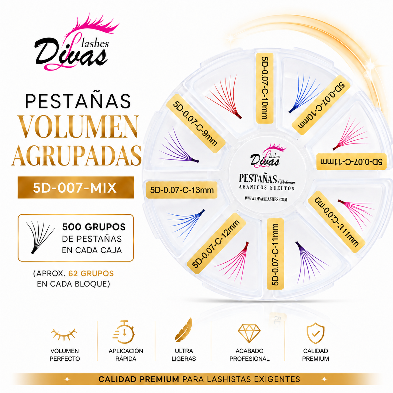 Pestañas Volumen Agrupadas de colores (500 grupos) 6D-007-Mix. En carrusel